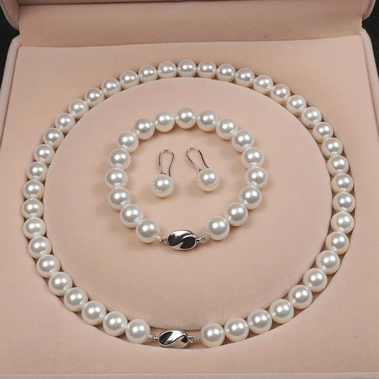 Wholesale Fashion 8mm 10mm White Pink Purple Pearl Jewelry Sets Includes Bracelet Necklace Zircon for Wedding Mother's Day