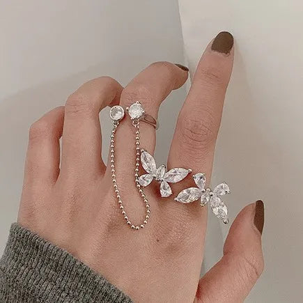 Go Party 2Pcs/Set Diamond Tassel Double Butterfly Knuckle Ring for Women Girls Opening Adjustable Index Finger Rings Jewelry