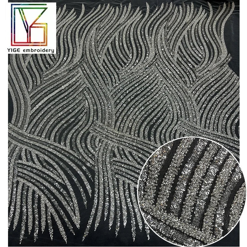 New French High Density Net Embroidery Fabric Design With Heavily Beaded and Crystal Sequins Wedding Bridal Dress Lace Fabric