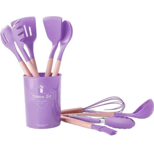 Cute Purple 12-Piece Silicone Kitchen Utensils Set with Non-Stick Soft Spatula and Soup Ladle in Box for Baking