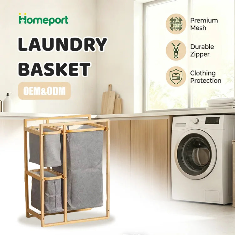 Large 3 Compartments Laundry Basket Storage Shelf Natural Bamboo Laundry Hamper Kids Toys Racks Organizer Storage Shelves