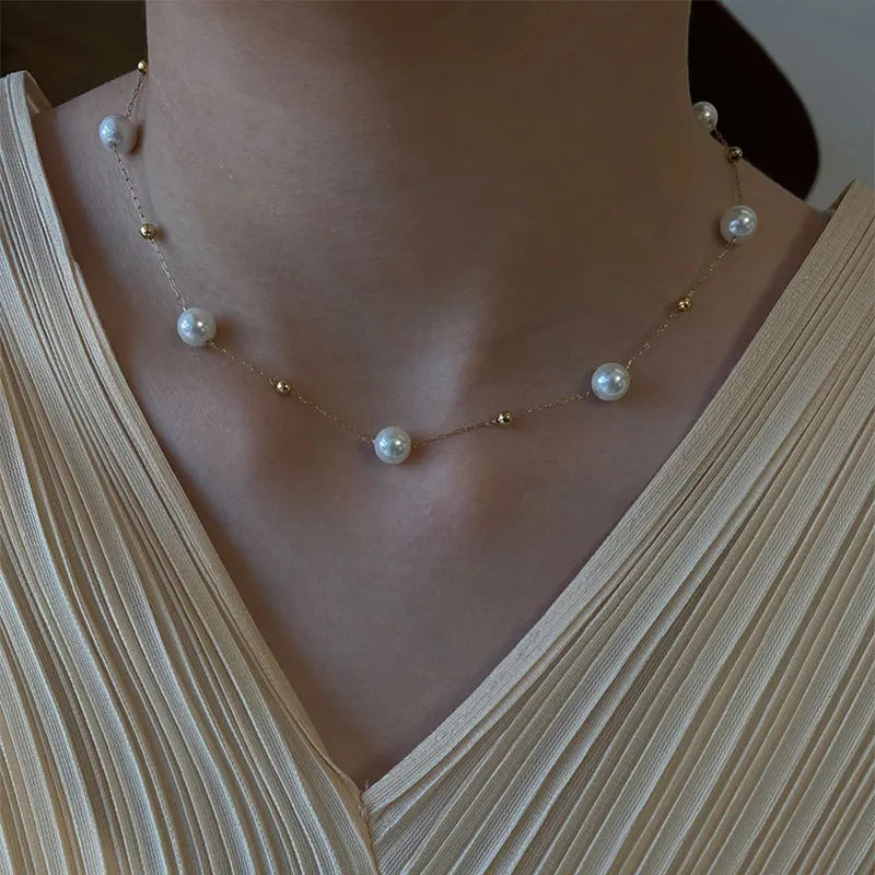 Stainless Steel Gold Bead Necklace Anklet Exquisite Short Collarbone Chain Pearl Necklace for Women Girls Gift