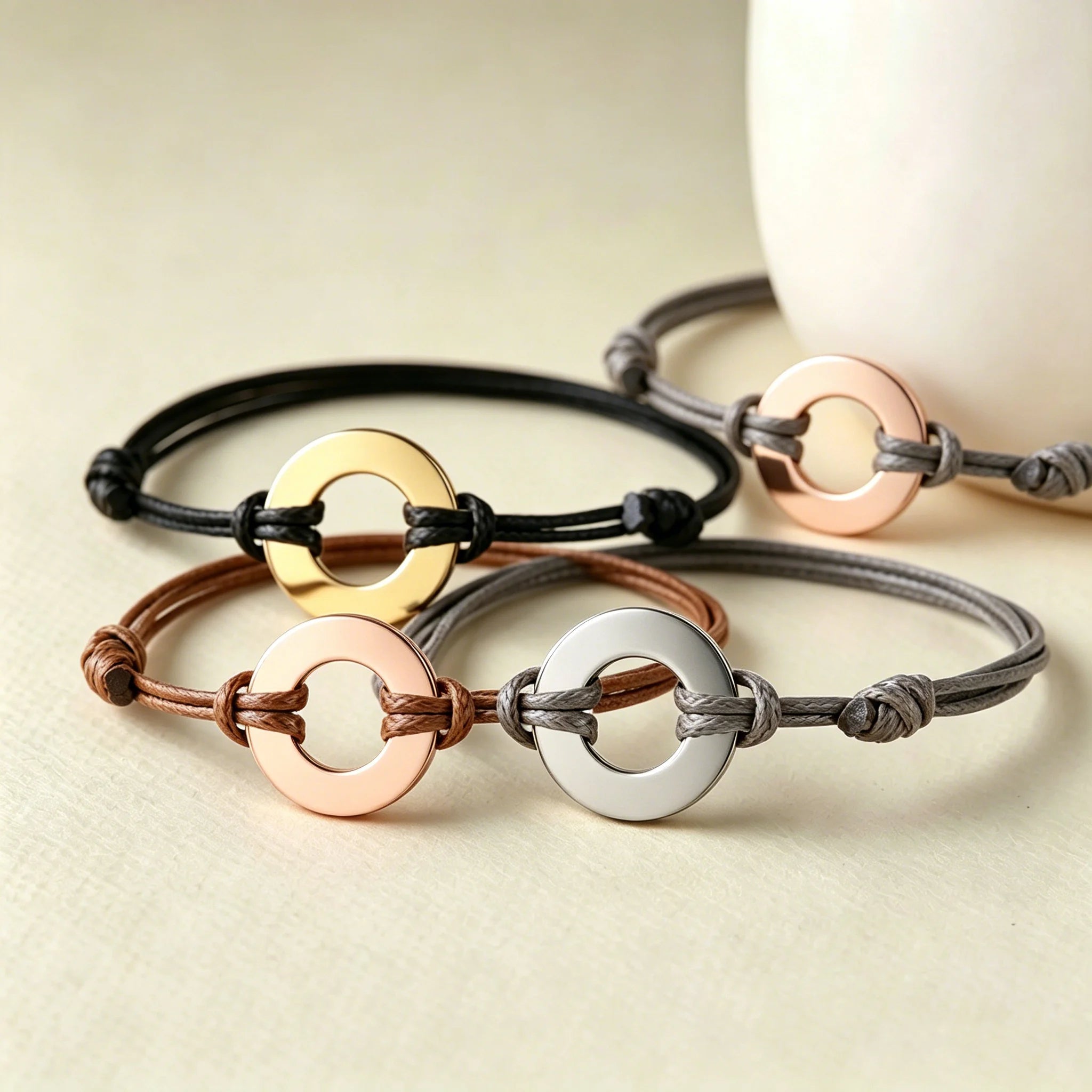 18k Gold Engraved Round Circle Charm Macrame Rope Cord Bracelet Stainless Steel Rose Gold Personalized Engraving Logo Bracelet