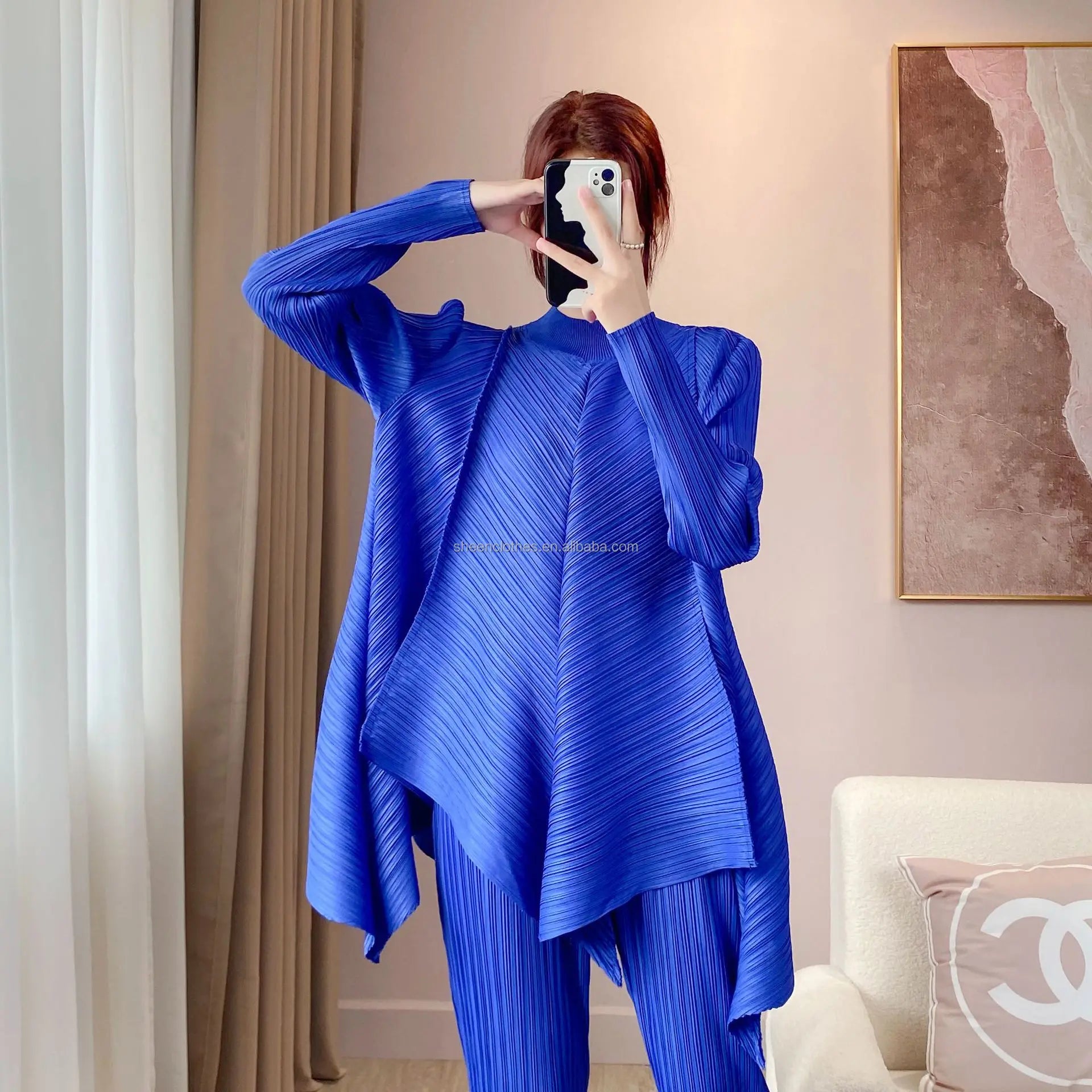 Factory Sell  2022 Fall Pleated New Splice Irregular Small High Collar Mid Length Top and Leggings Plus Size Women'Sets