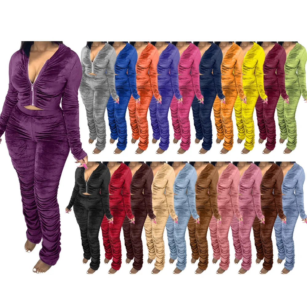 Autumn and Winter Velvet Sportswear Women's Pleated Hooded Top Trousers Casual Sweatshirt Woman Tracksuit Set