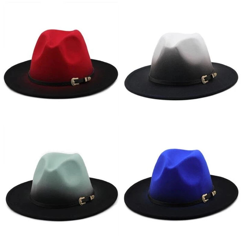 Gradient Fedoras Men Women Hat Fedora Hats With Belt Ladies Felt Hat Panama Cap Female Male Jazz Caps