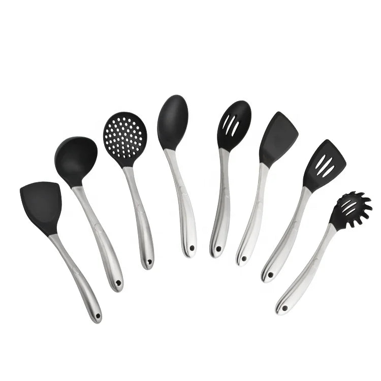 8-Piece Food Grade Silicone Stainless Steel Kitchenware Set Heat-Resistant Cooking Utensils Includes Spoon Turner Black Silver