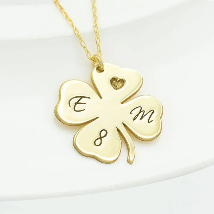 Personalized Gold Plated 925 Sterling Silver Custom Letter Name Engrave Four Leaf Clover Necklace Wholesale