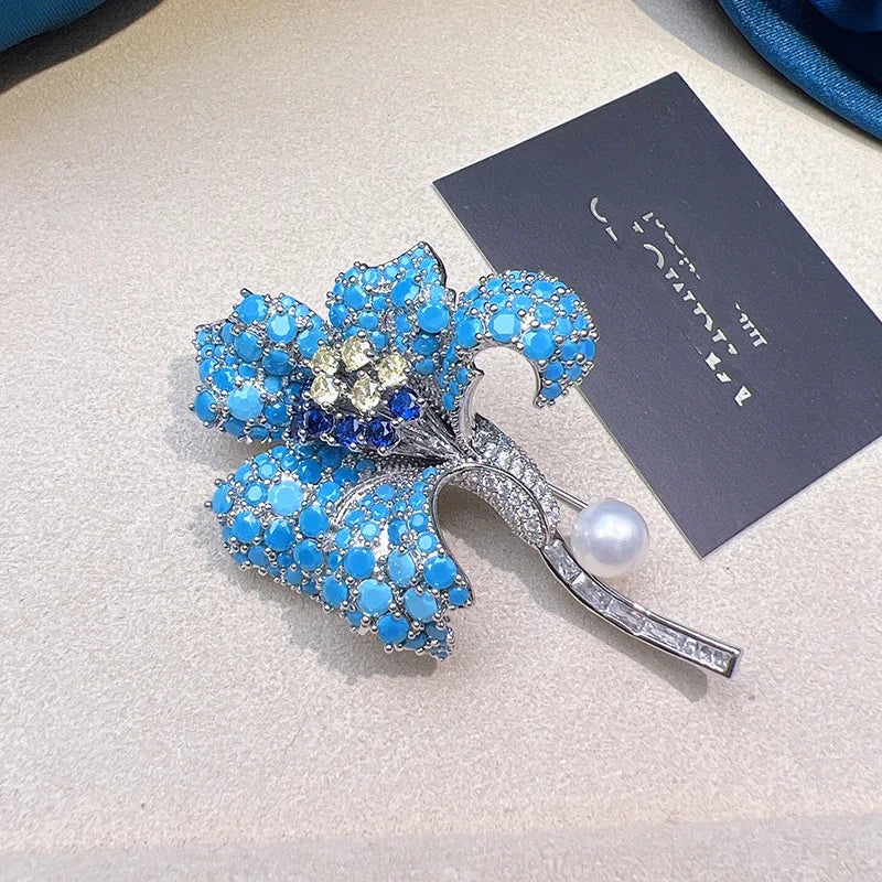 Carnation Blue Turquoise Copper Gold-Plated Micro Inlaid Zircon High-End Brooch Pins 8mm White Freshwater Bread Pearl Beizhijia