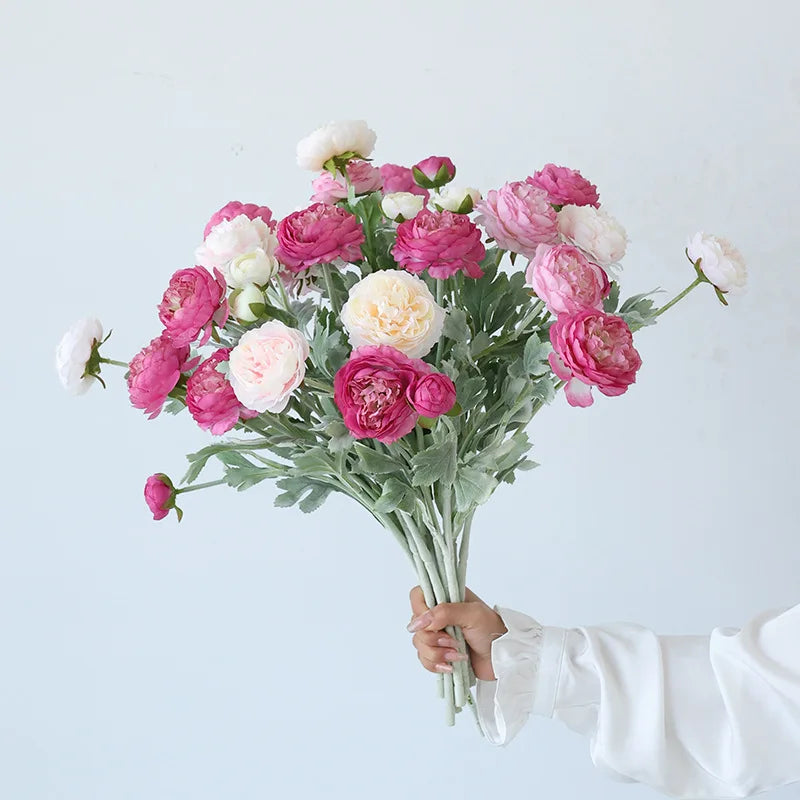 3-Head New Nordic Style Silk Artificial Flocked Lotus Flowers Ranunculus Flower Stem for Home Wedding Event DIY Decoration