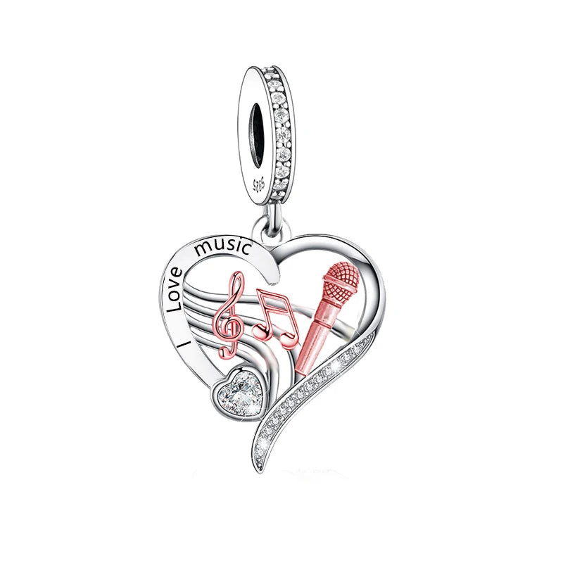 Fit Original Brand Charm Bracelet 925 Sterling Silver I  Love to Sing  Music Note Microphone Bead for Women Jewelry Making