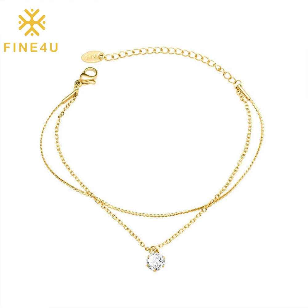 Fashion Popular Stainless Steel 18K Gold Plated Double Layer Single Diamond Zircon Bracelet Women