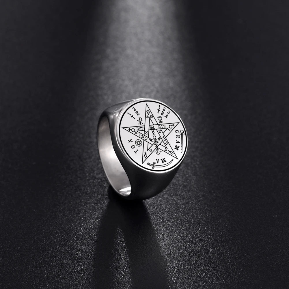 Vintage Tetragrammaton Viking Rings Wahyeh Magical Blessed Pentagram of Solomon Amulet Stainless Steel Punk Ring