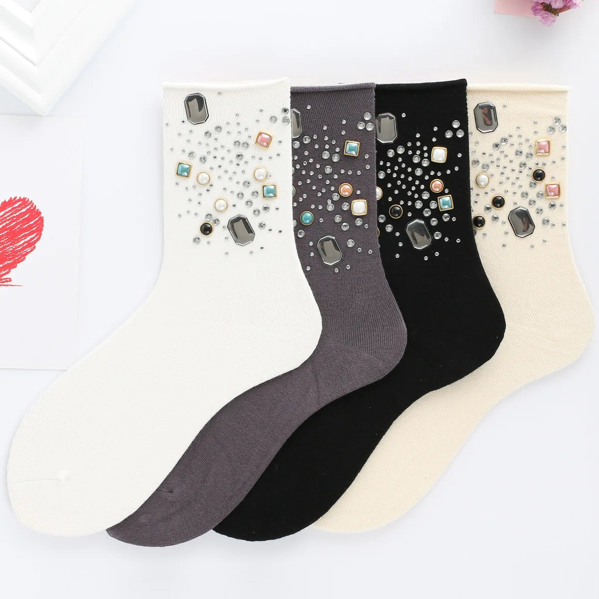 Hot Selling Luxury Women's Solid Color Socks Crew Length Knitted with Diamond Hot Drilling Crystal Breathable Anti-Slip Features
