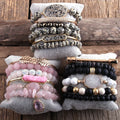 Women Bohemian Jewelry Alloy Screw Thread Leaf Druzy Bangle Natural Gemstone Bracelets Set 6pc Crystal Glass Stack Bracelet Set
