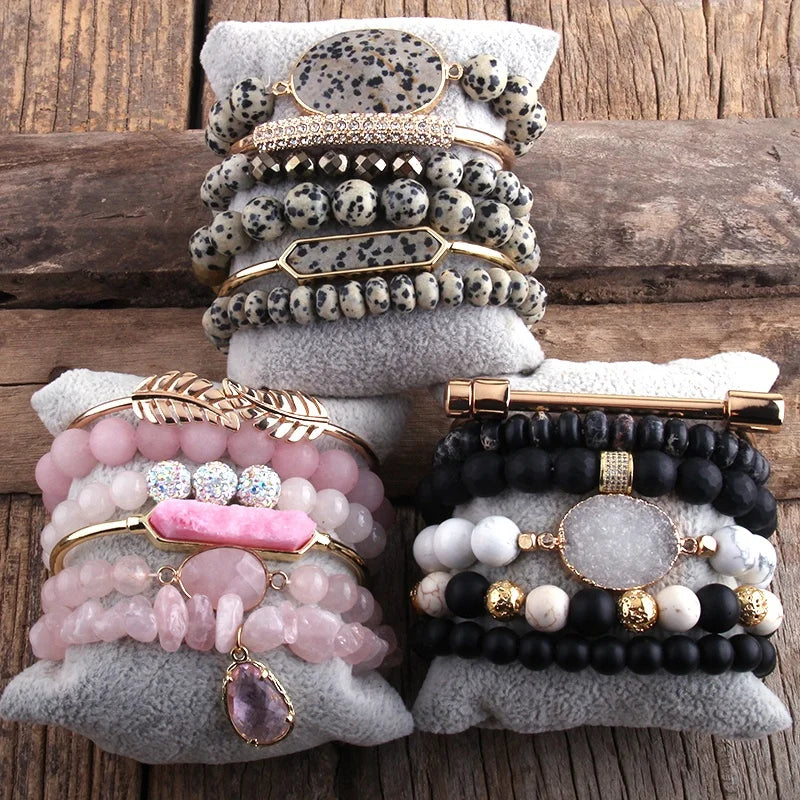 Women Bohemian Jewelry Alloy Screw Thread Leaf Druzy Bangle Natural Gemstone Bracelets Set 6pc Crystal Glass Stack Bracelet Set