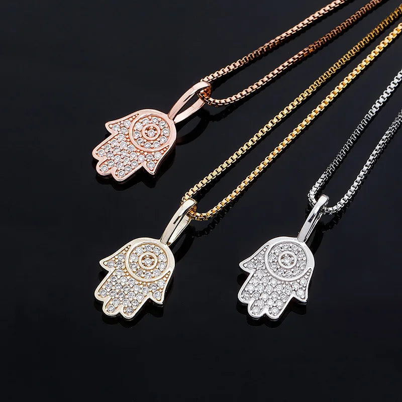 Vintage Fatima Hand S925 Silver Pendant Men's Trendy Full Zircon Hip Hop Personalized Necklace