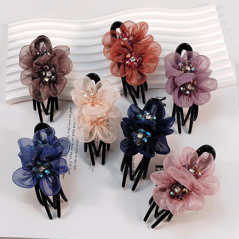 New Workmanship Durable Sparkling Hairclip Korea Exquisite Mesh Crystal Banana Clip Solid Color Netting Flower Ponytail Clip