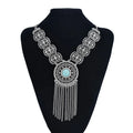 Vintage Bohemian Silver Metal Statement Necklace Trendy Alloy Link Chain with Rhinestone Flower Coin Tassel Coin Jewelry Choker