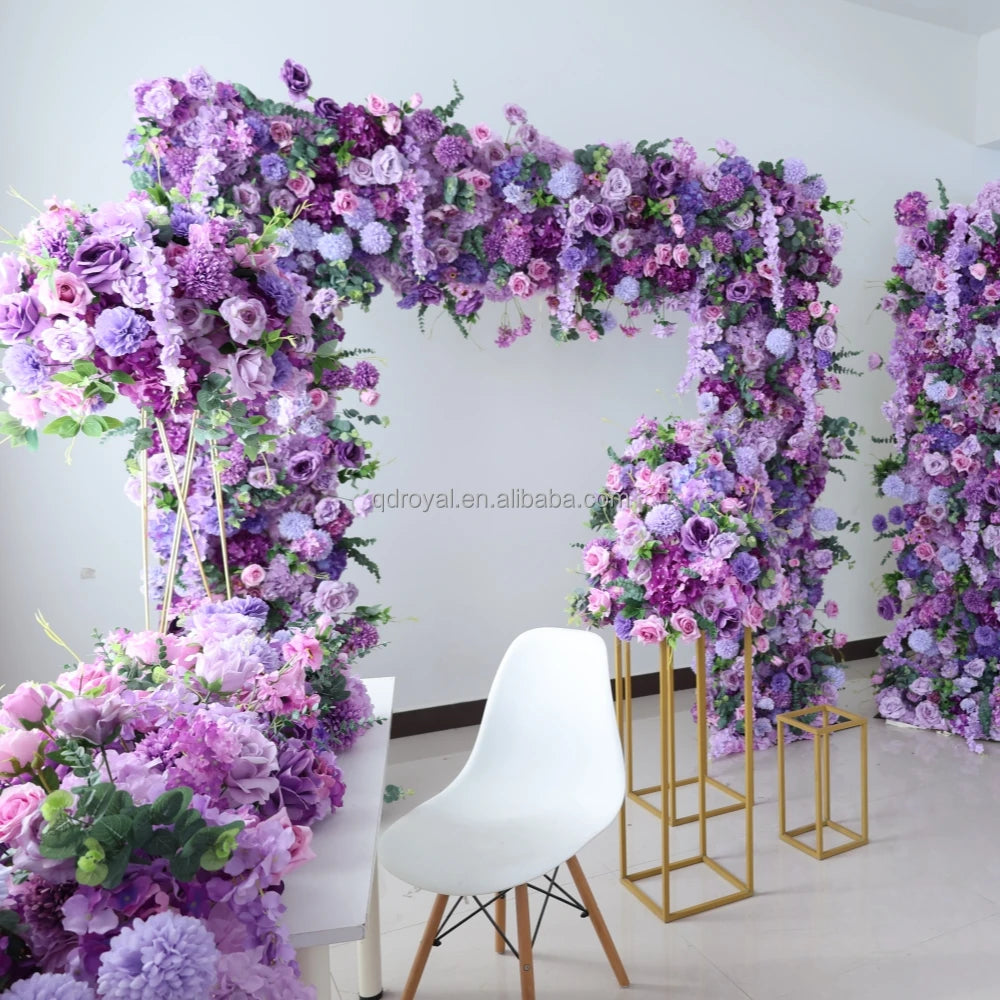 Wedding Decor Arrangement Lavender Purple Floral Wall Backdrop Mat 3d Roll up Artificial Silk Rose Flower Panel Wall