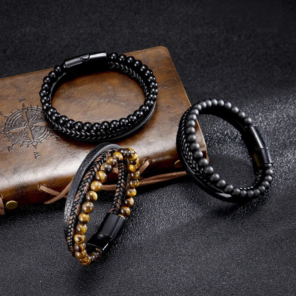 New Original Stainless Steel Frosted Stone Black Gallstone Natural Tiger Eye Stone Bracelet Men's Braided Leather Bracelet