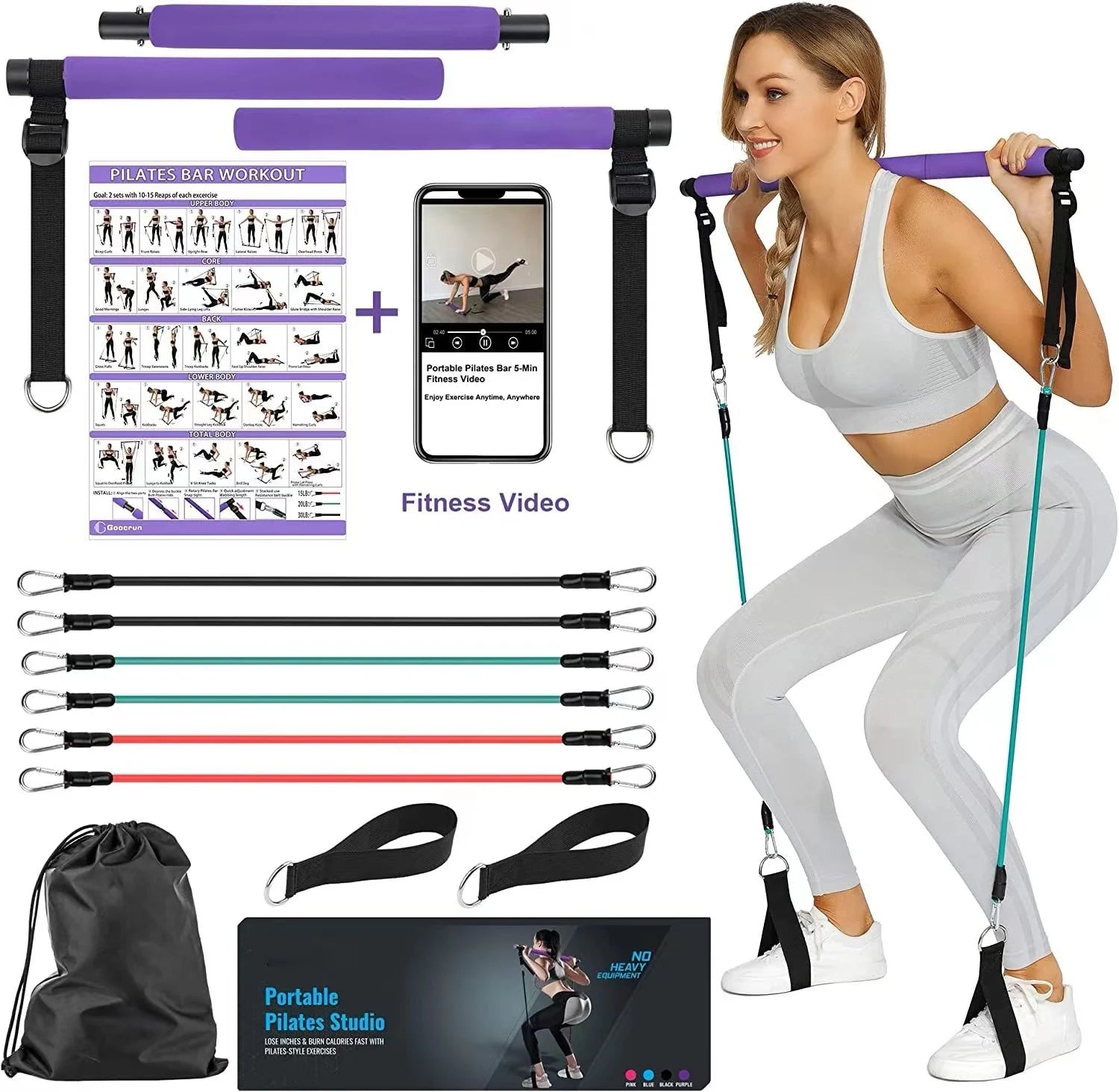 MR Portable 3 Section Pilates Bar Kit with Durable Resistance Bands Multifunctional Workout Bar for Indoor Fitness for Men Women