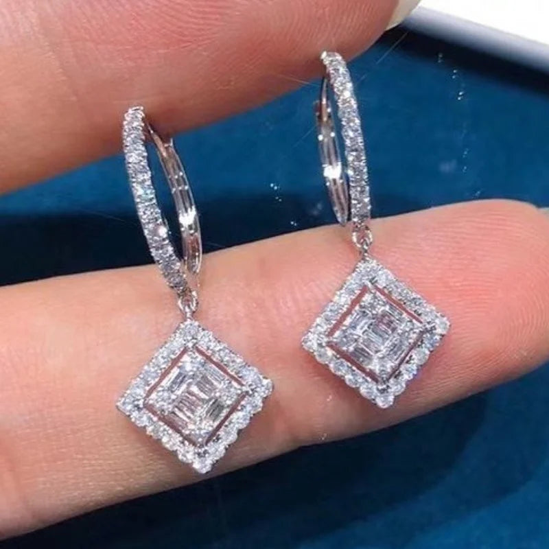 CAOSHI New Fashion Silver Plated Micro Pave Diamond Wedding Square Pendant Hoop Earings for Women