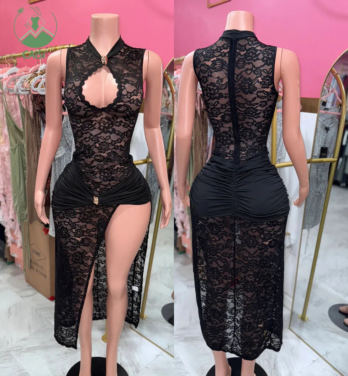 New Sexy Fashion Lace Maxi Dress See Through Hollow Out High Slit Slim Fit Sleeveless Lady Elegant Dresses Women