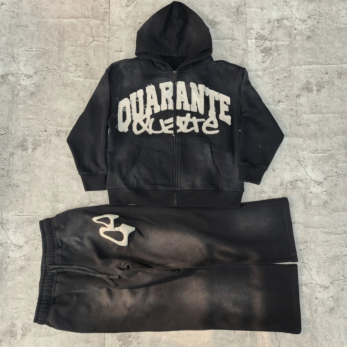 OEM Custom Man Embroidery Applique Distressed Zip up Acid Wash Sweatpants and Hoodies Sets Flared Tracksuits for Men