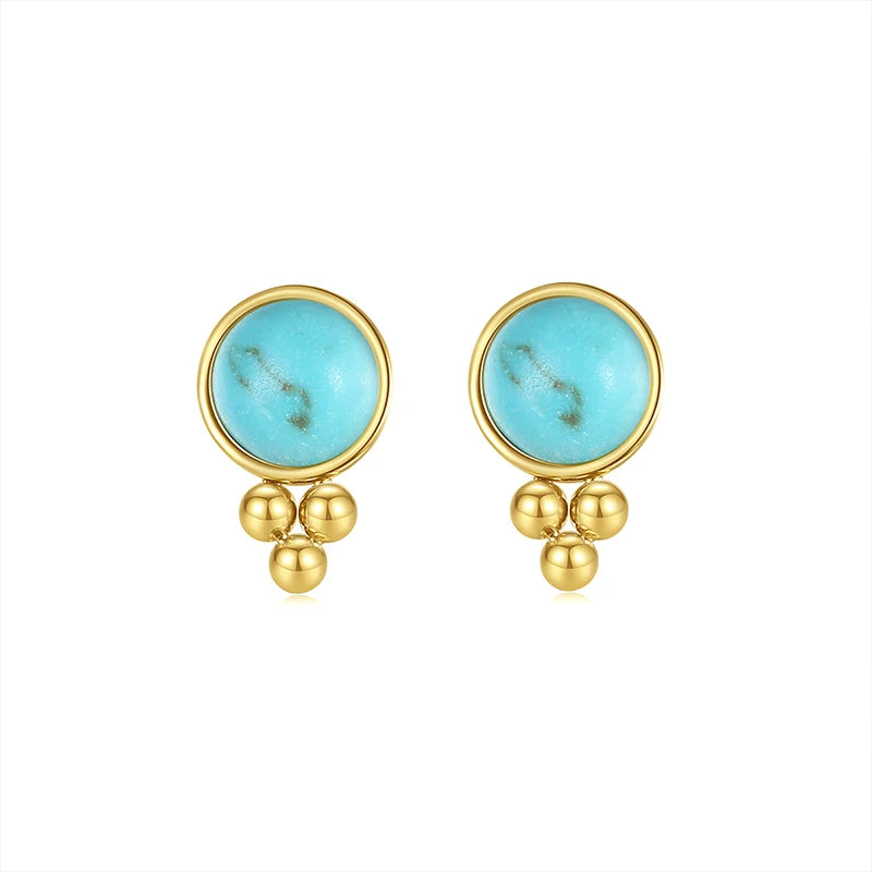 Classic Design Stainless Steel Women Jewelry Gold Plated Blue Turquoise Gemstone Stud Earrings