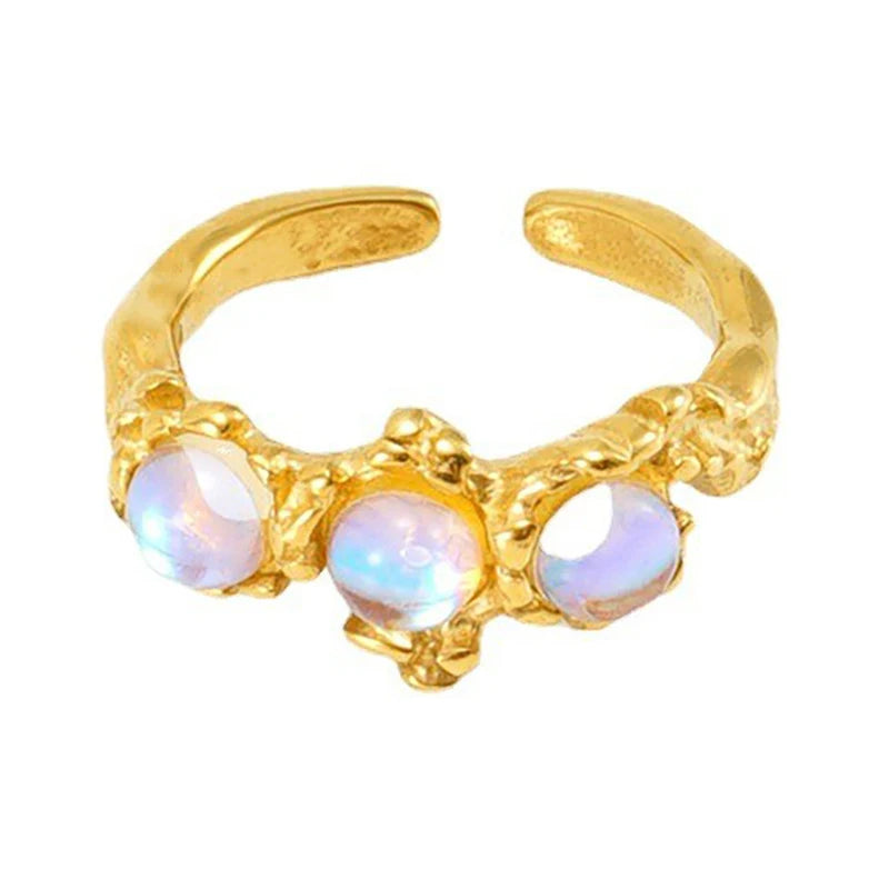 Women's Vintage 18K Gold Plated Stainless Steel Opal Moonstone Open Ring Multi-Design Classic Fashion Jewelry-Wholesale