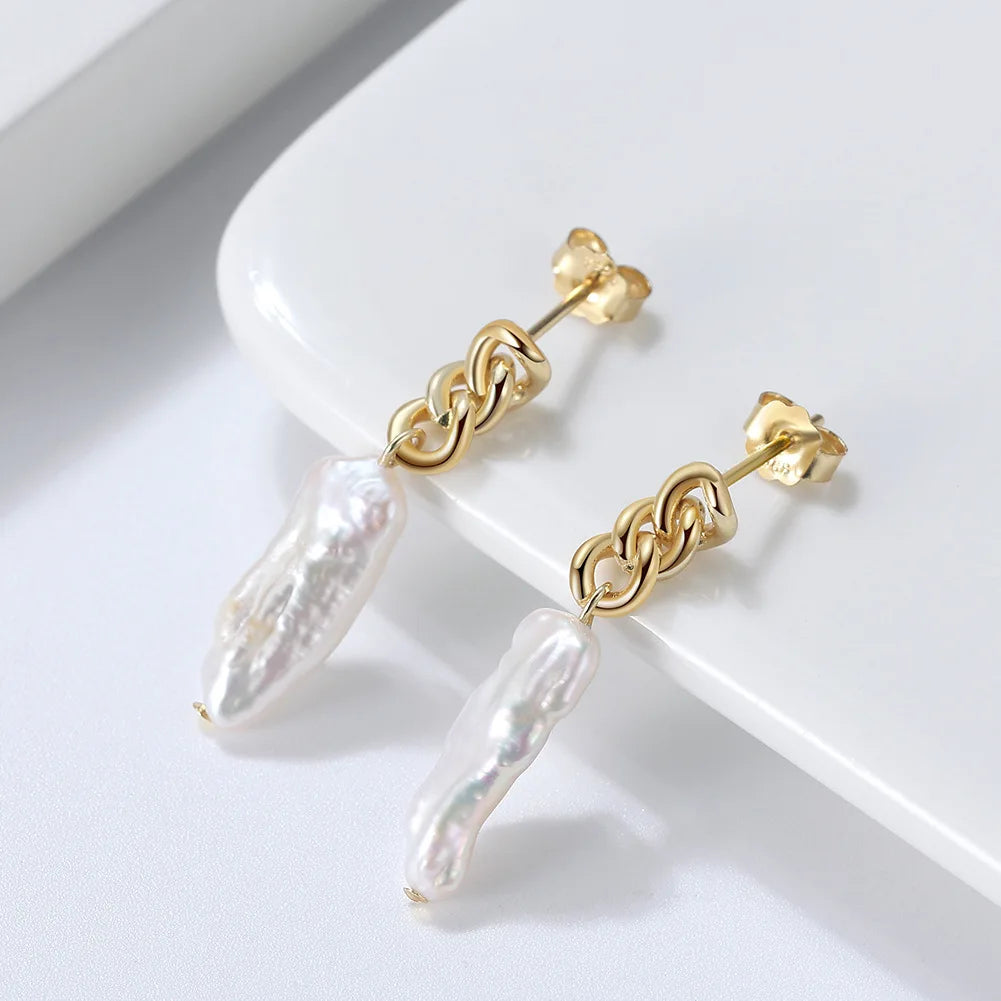 Elegant 14K Gold Plated Chain Stud Earrings Wholesale Natural Freshwater Pearl Pendant Earrings