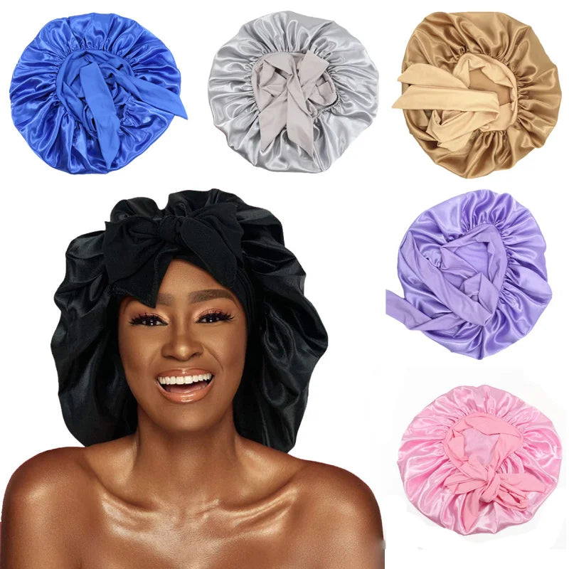 HZO-18132 Custom logo Long Large Braid Hair Head Sleeping Turban Stain Bonnets and Satin Silk Hair Wraps With Tie and Scarf