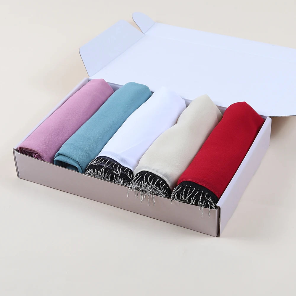 New Malaysian Ethnic Solid Pattern Chiffon Hijab Customizable Lace Headscarf Wraps Flower Design Wholesale Foulard Gift Box