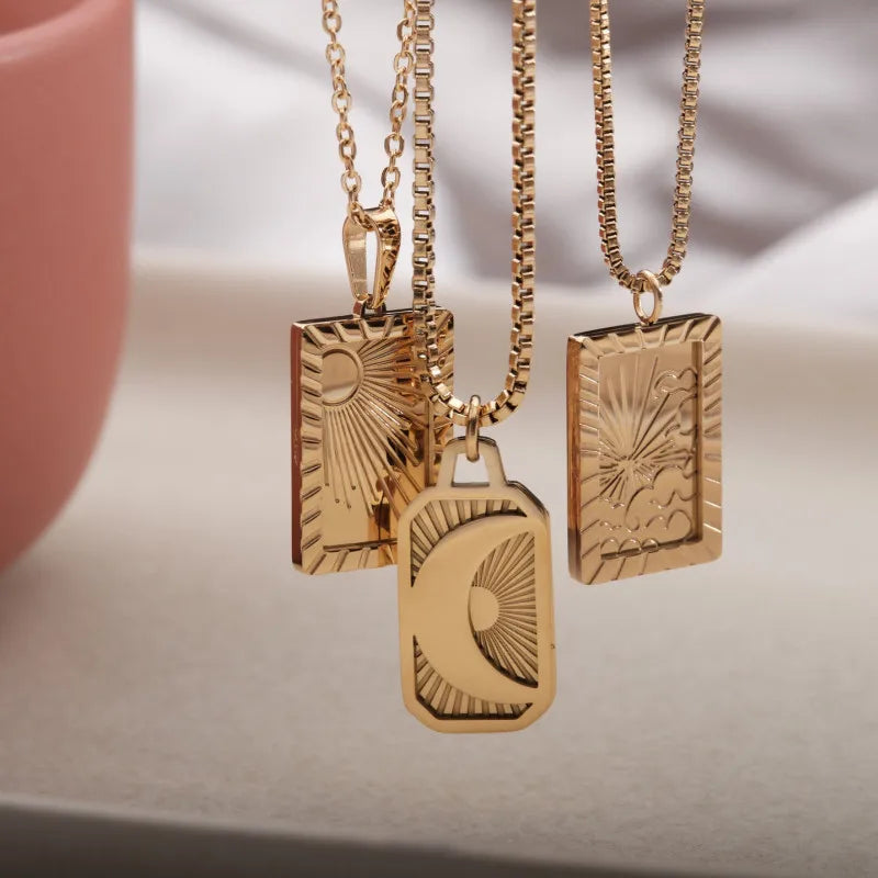18K Gold Plated Sunburst Star Necklace Rectangle Pendant Necklace Stainless Steel Jewelry Wholesale
