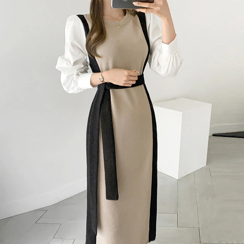 Wholesale 2026 Autumn and Winter Retro Round Neck Contrast Color Stitching Two-piece Lace-up Long-sleeved Knitted Dress