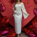Fashion Designs Chain Trim Square Neck High Waist Bandage Flare Long Sleeve Ruched Midi Ladies White Dresses for Women Elegant