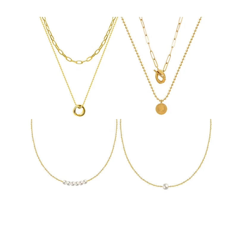 Beaded Double Layer Chain 18k PVD Gold Plated Paper Clip Chains Stainless Steel Pendant Floating Pearl Choker Necklace