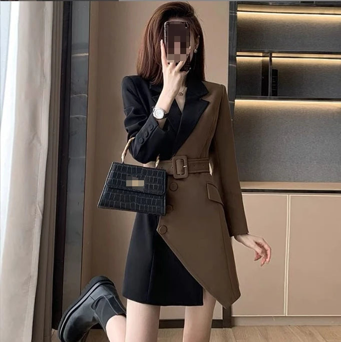 S-2XL French Waist up Haute Couture Irregular Contrasting Color Dress Spring New Style Temperament Suit Dress