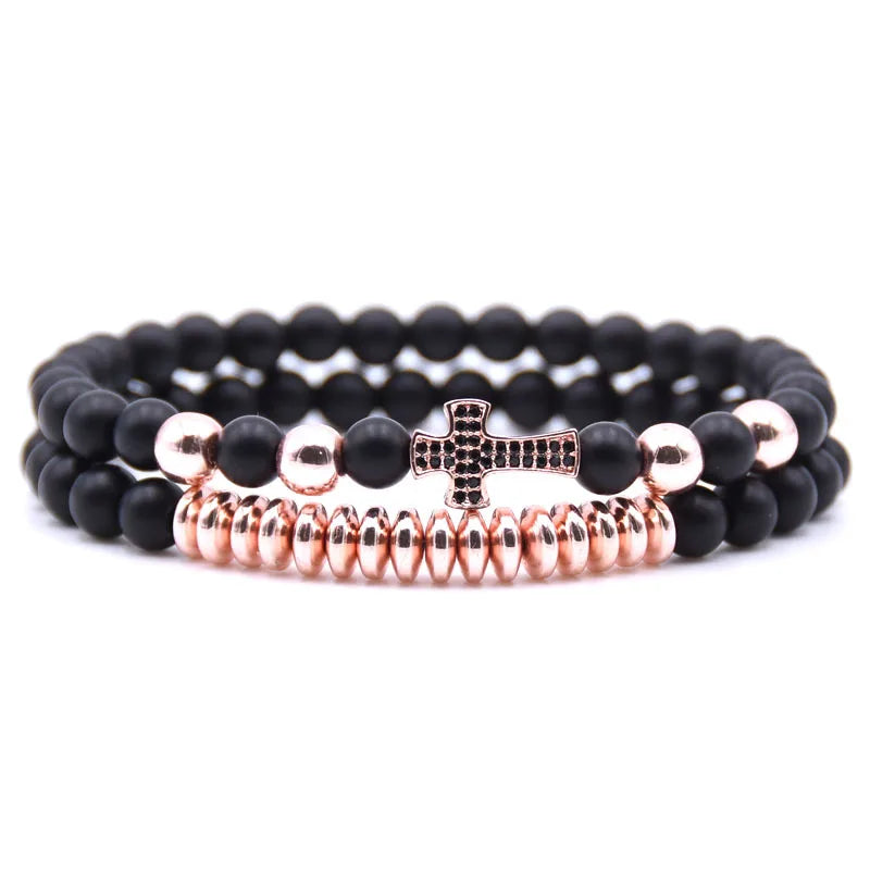 Handmade Beaded Bracelets Natural Stone Cross Elastic Bracelet Charm Men Women Christian Jewelry Gifts