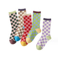 Autumn and Winter Checkerboard Plaid Women's Cotton Socks With a Versatile Middle Tube for College Style Skateboarding