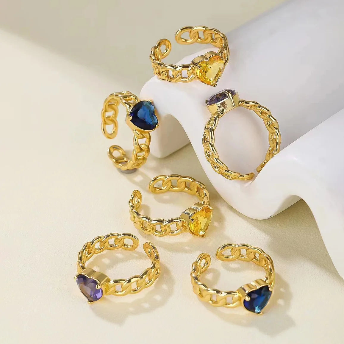 Europe and America Hot Sale Fashion Jewelry Gemstone Ring Women Gold Plated Copper Heart Shape Gemstone Adjustable Ring Jewelry