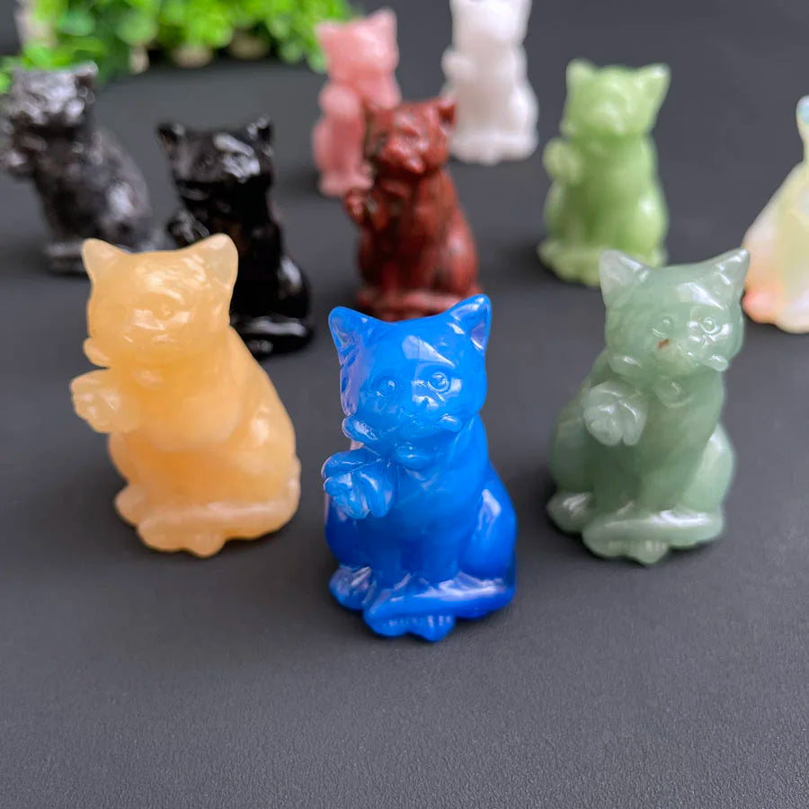 New Design Natural Mixed Crystal Cats 6cm Yellow Calcite Green Aventurine Cat Carving