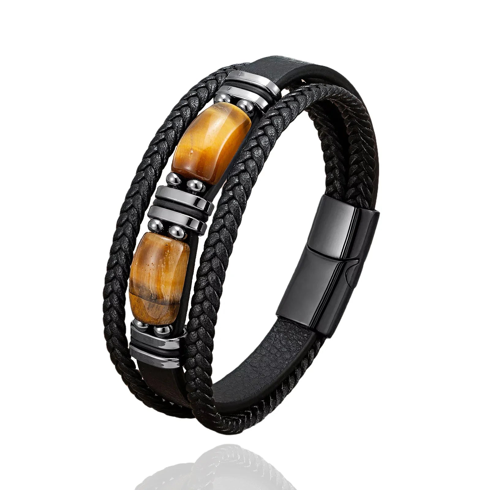 Wholesale Simple Fashion Tiger Eye Stone Bracelet Multilayer Stainless Steel Leather Rope Bracelet for Men