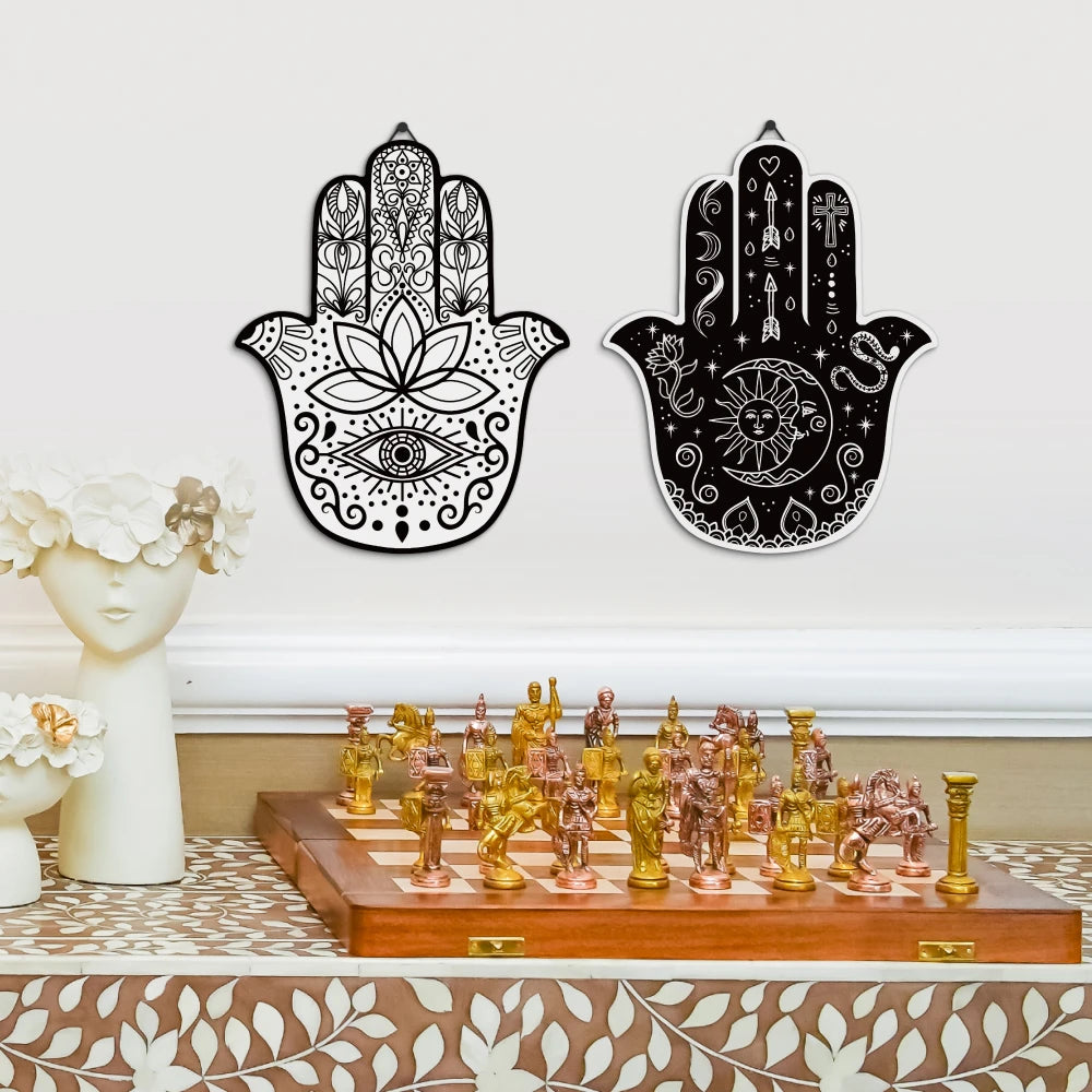 Putuo Decor Black and White Hamsa Hand Boho Mandala Symbol Wooden Hanging Wall Art Wood Plaque Decor