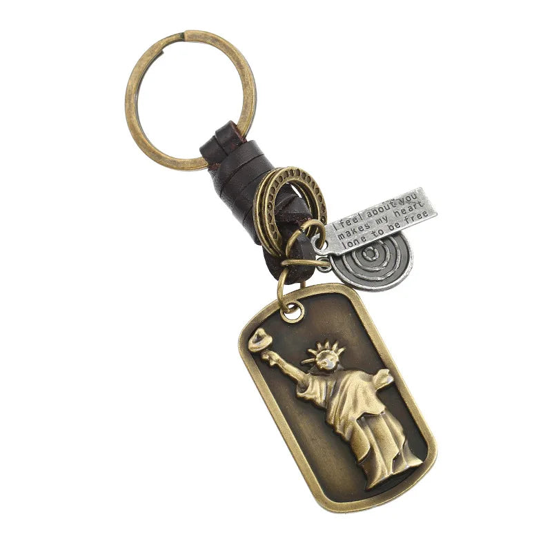 Custom Souvenirs Leather Statue of Liberty Key Chain Hand-woven Alloy Auto Pendant Vintage Cowhide Key Ring Leather Keychain gift