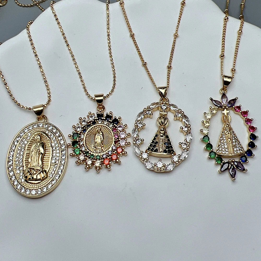 Wholesale Custom Religious Jewelry Shiny Crystal Zircon Virgin Guadalupe Pendant Necklace for Women Classic Gifts