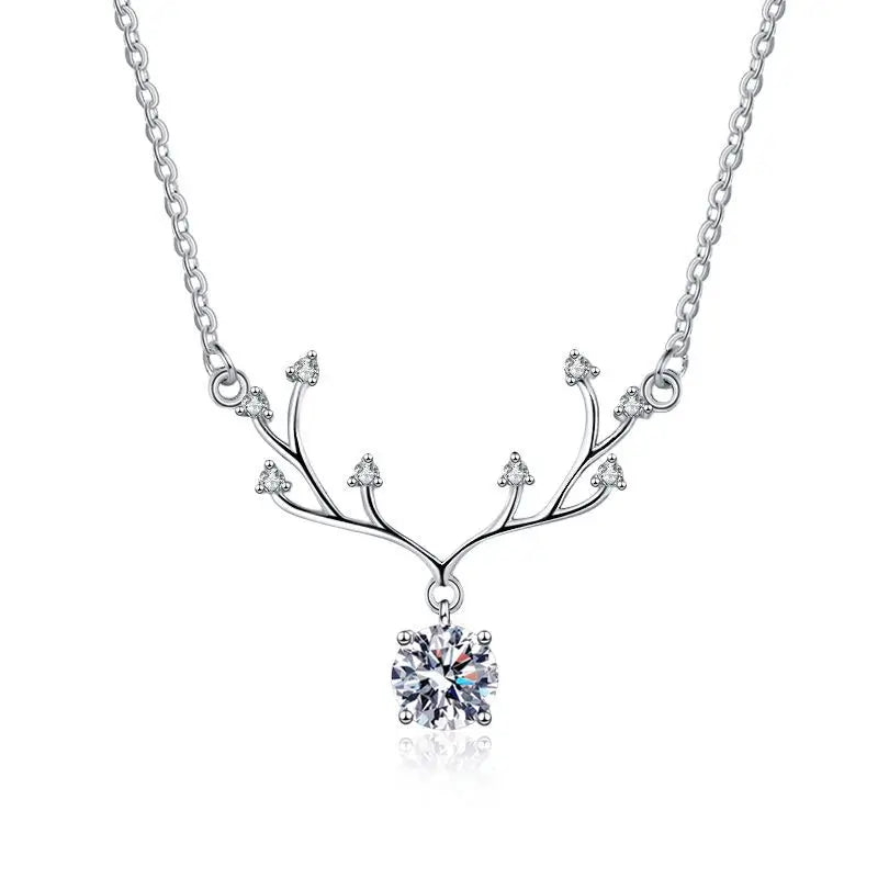 S925 Sterling Silver Antler Moissanite Necklace Classic Style Silver Plated for Wedding Engagement or Anniversary Gift
