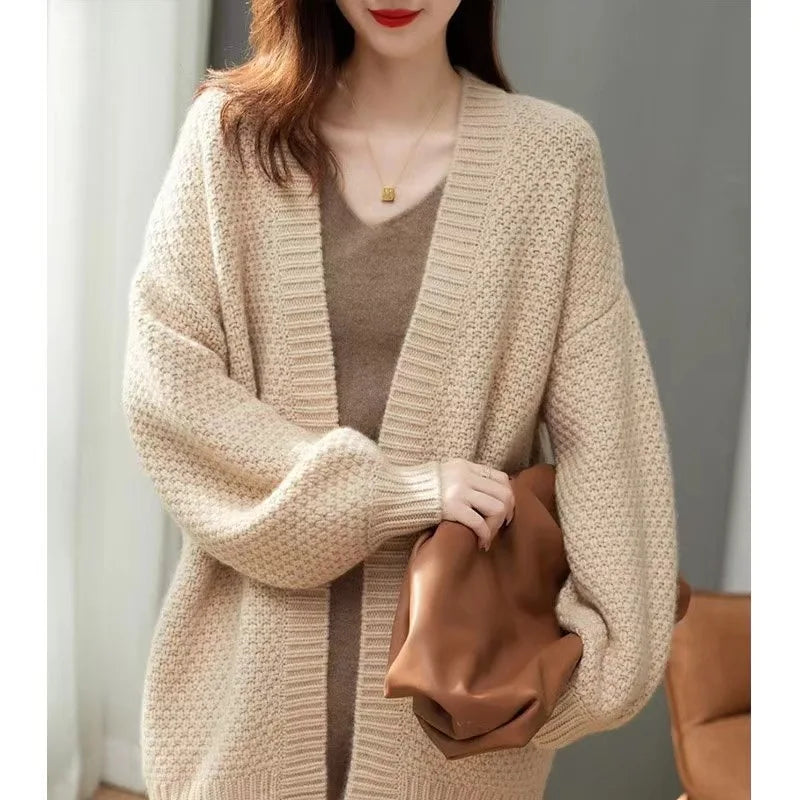 Women V Neck Knitted Cardigan Sweater Female Vintage Knit Sweaters Long Sleeve Fashion Autumn Oversized Jumper Tops