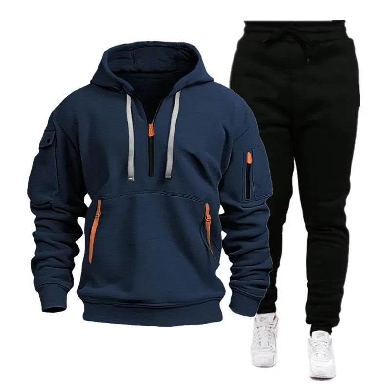2025 Men Autumn Winter Clothing Training Outdoor Sports Hoodies + Long Pants 2 Piece Set Pullover Zipper Pockets Hoodies Suits